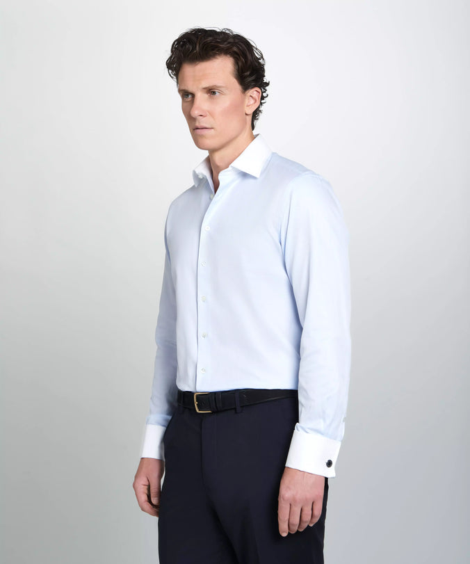 Pale Blue & White Tailored Fit Double Cuff Tonal Jaquard Square Formal Shirt