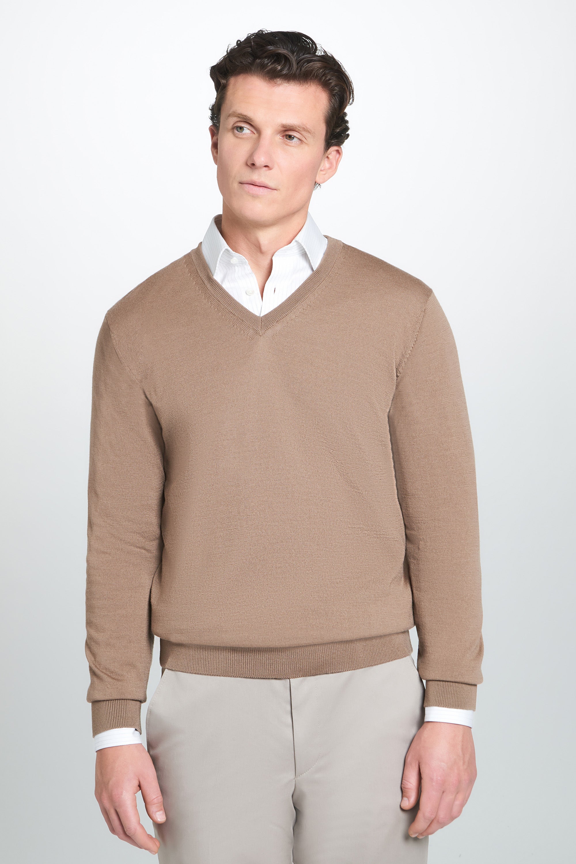 Camel Merino Wool V-Neck Sweater